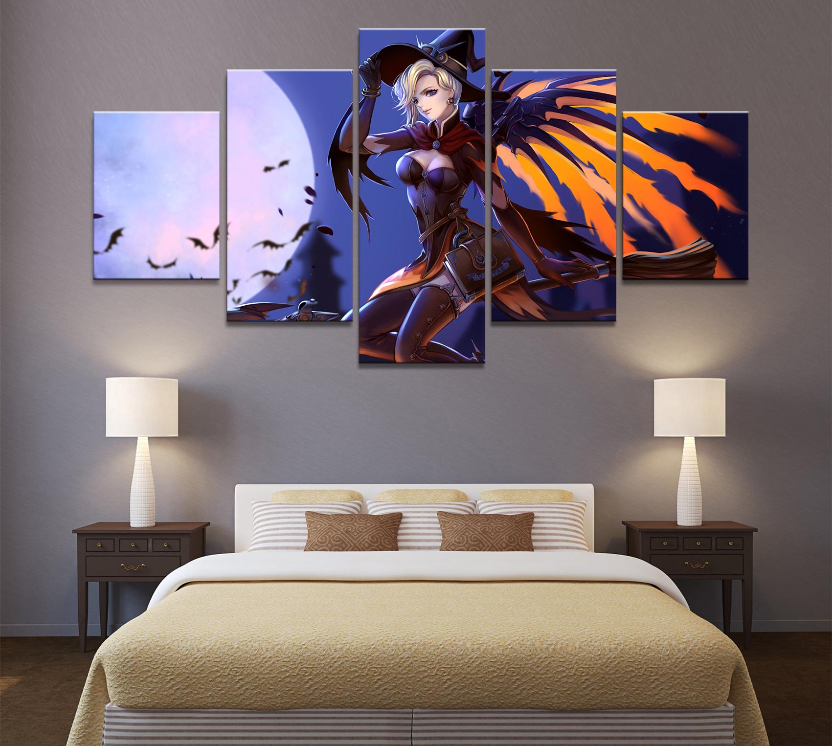 

Домашний декор, плакат, фотографии, принты на холсте, 5 шт., модульная волшебница, милосердие, Overwatch, игра, гостиная, декоративная живопись, без рамки 40x60cm*2 40x80cm*2 40x100cm*1