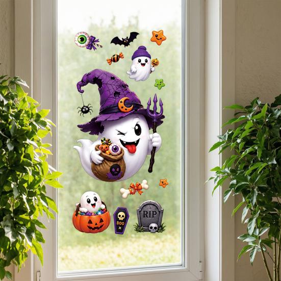 Reusable Holiday Window Film Halloween Witch Hat Ghost Clings, Spiders Bat Pumpkin Spooky Party Supplies Stickers for Home Store Glass Decoration PVC