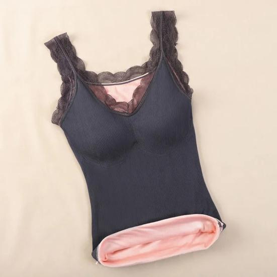 Women's Thermal Tank Top Lace Trim Sleeveless Camisole Shirts Fleece Lined V Neck Warm Base Layer Cami Underwear Tops with Built-in Bra