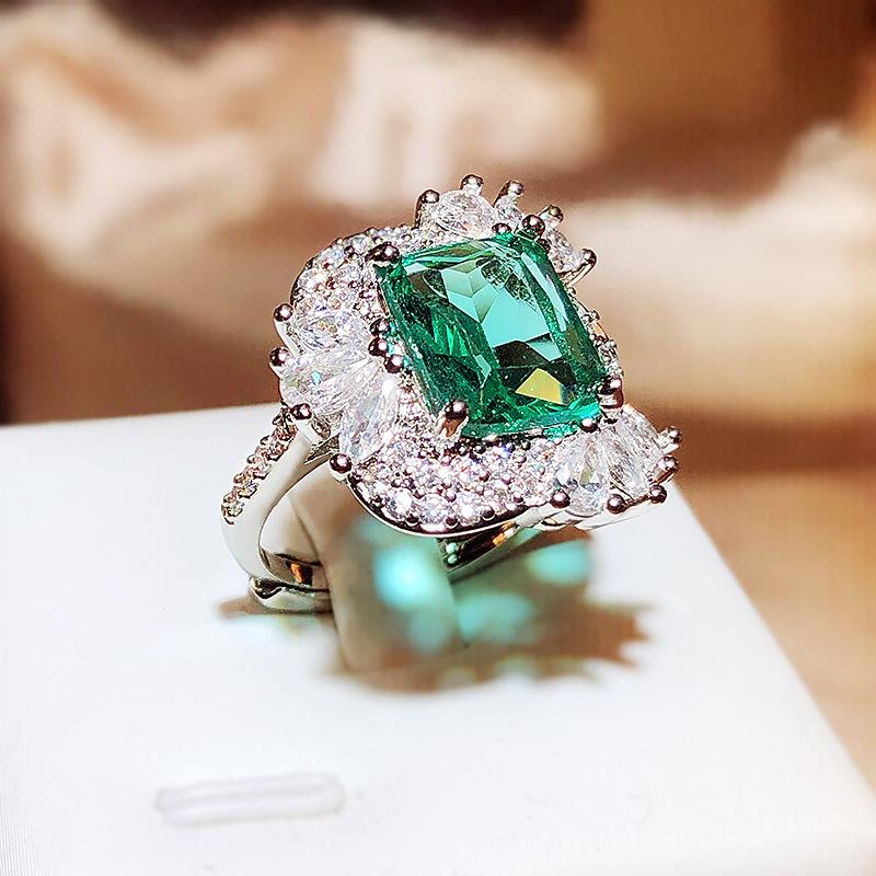 New Imitation Emerald Tourmaline Full Diamond Princess Square Zircon Opening Ring For Women 925 Silver Jewelry Party Bridal Gift