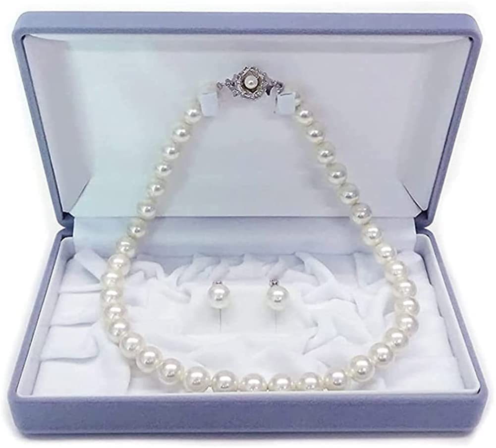[Your and My Jewelry Box] Velveteen Case Pearl Necklace & Large 10mm Pearl Earrings or Pierced Earrings Set (10.0mm Hanadama Pearls, Length