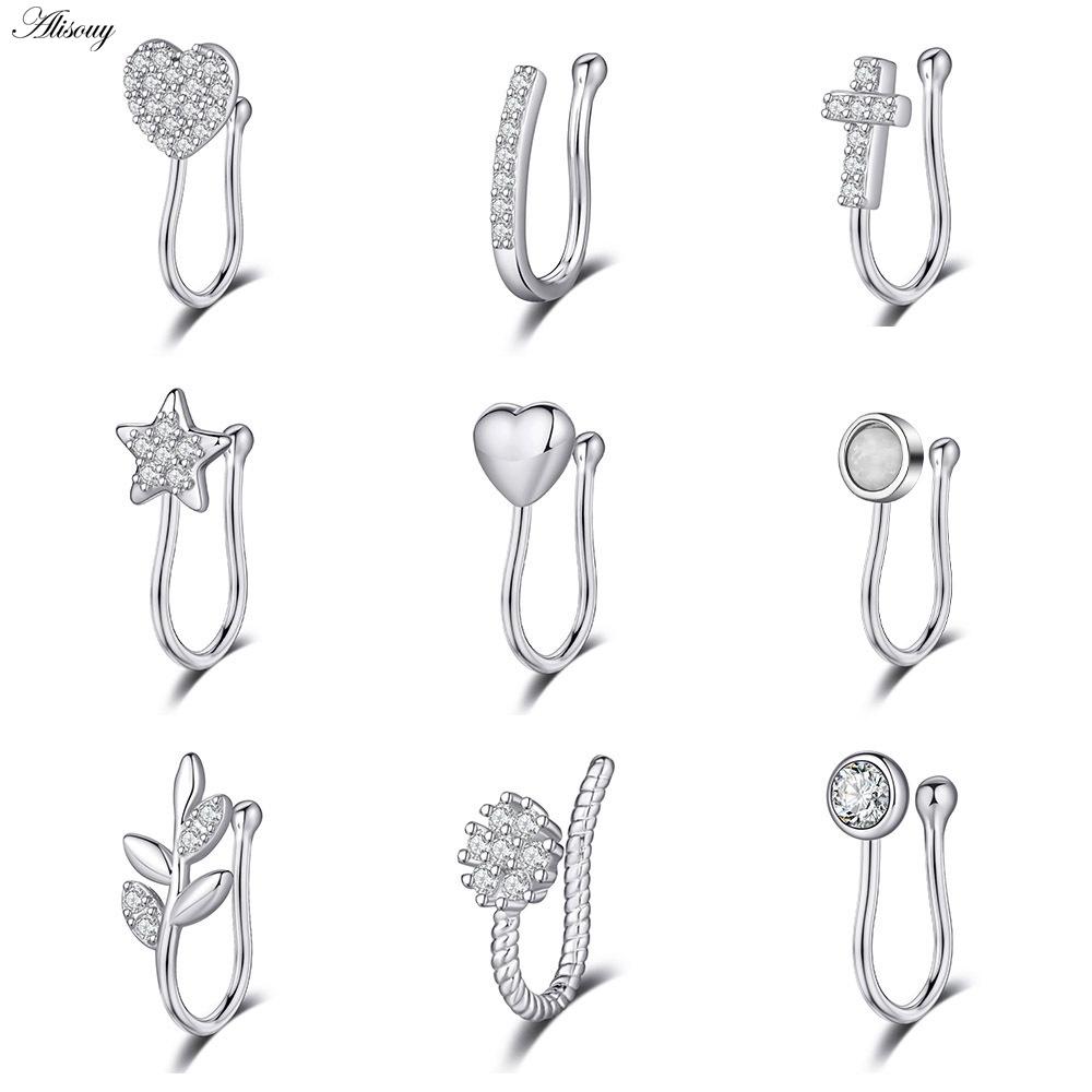 Alisouy 1pc Zirconia Fake Piercing Clip Nose Ring Body Jewelry for Women Ear Cuffs Heart Cross Star Leaf Flowers Clip Nose Rings