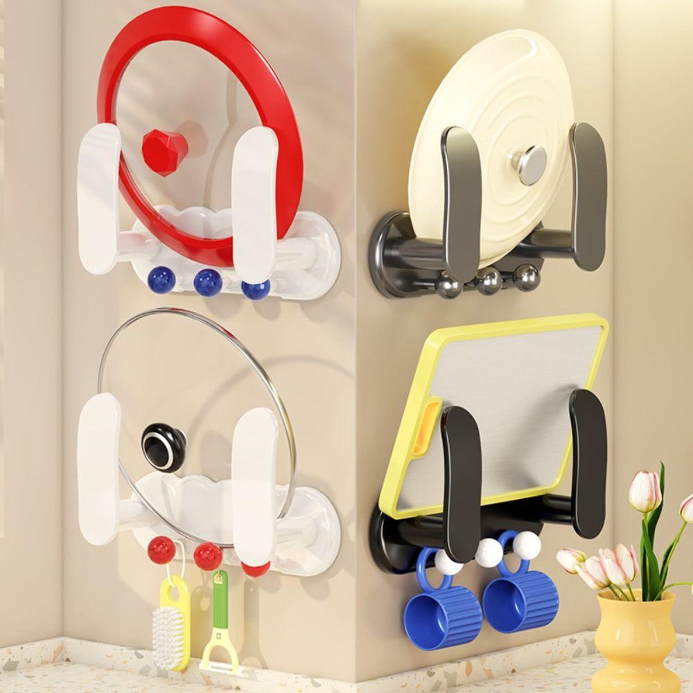 Rotatable Wall Mount Pot Lids Holder Save Space Punch-free Pot Lid Storage Rack with 3 Hooks Tool Storage