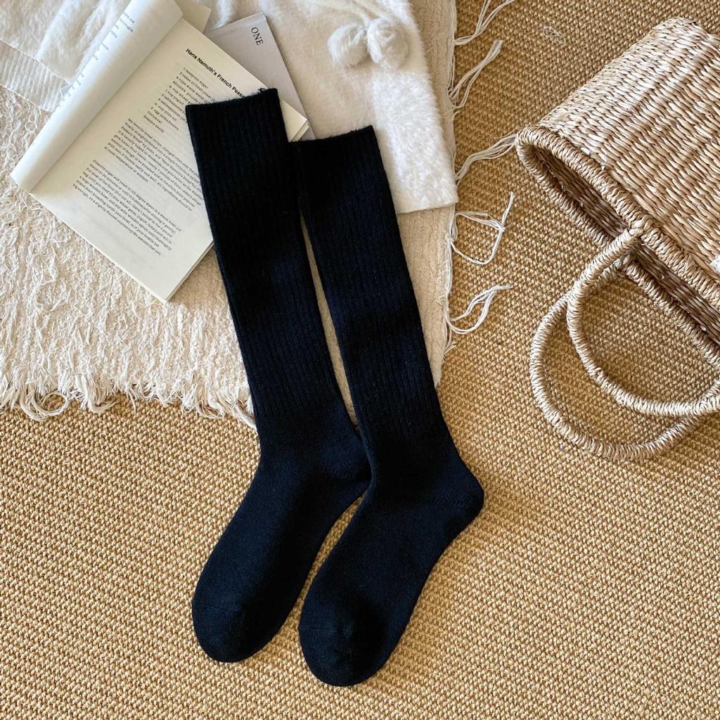 Seasonal Pile Socks Thicken Warm Vertical Pattern Slimming With Wool Maillard Coffee Color Calf Socks Stocking Socks Women