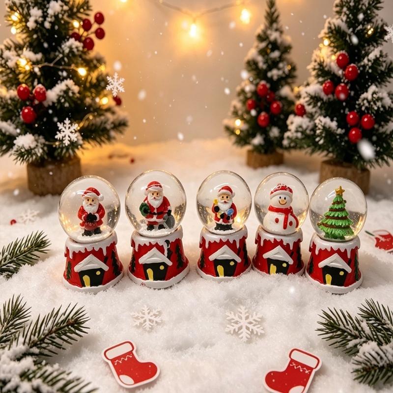 Christmas Water Globe Ornament with LED Light and Falling Snow Effect, Mini Holiday Display Accent in Glass Globe, Movable Shelf Accent, Random Style