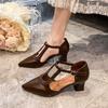Fashion Hot Selling 2025 Elegant Pointed Toe Ladies Office Work Shoes Spring Summer T-straps Women's Mid Heels Hollow Out Dress Pumps