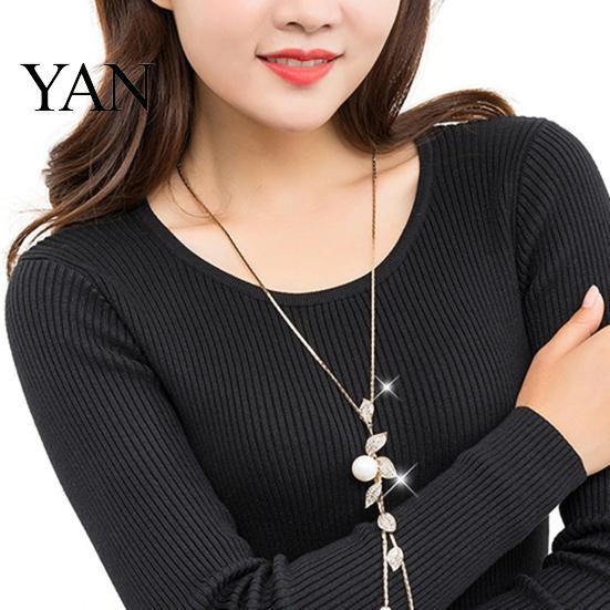 Exquisite Necklace Faux Pearl Tassel Leaves Pendant Accessories Sweater Chain Jewelry Gift for Women
