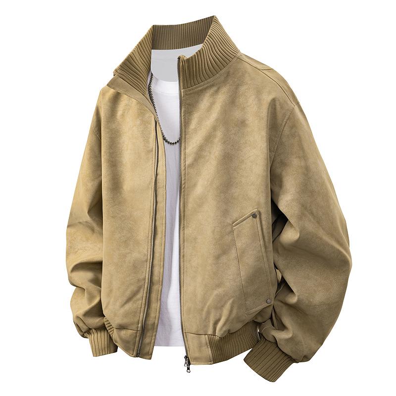 Unisex Retro PU Leather Patchwork Stand Collar Jacket - Spring Casual, Plus Size Available