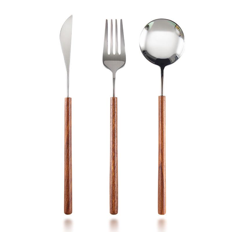 

3-Piece Flatware Set with Wooden Handle, 304 Stainless Steel Cutlery Set, Mirror Polished Knife Fork Spoon