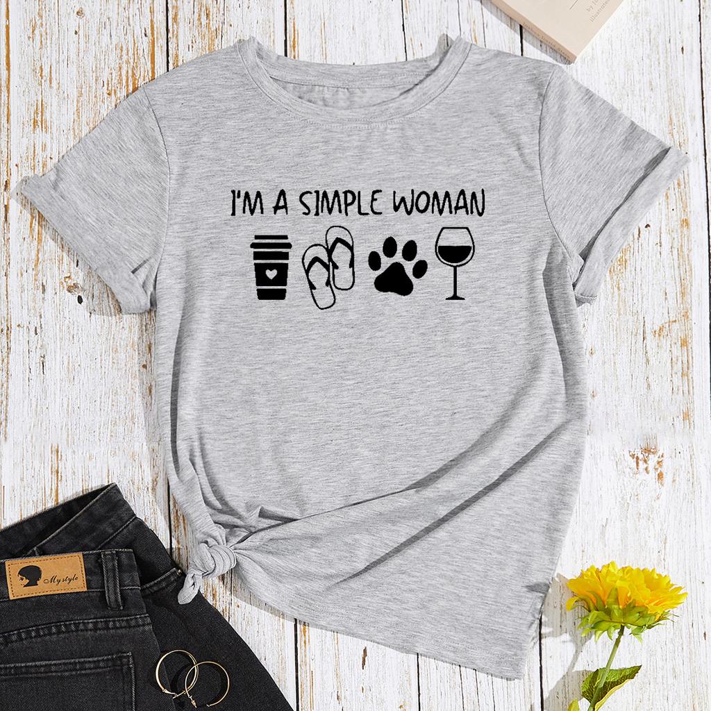 Simplified Letter Printing Cotton T-Shirt Short Sleeve Round Neck Women 2d Print Tops