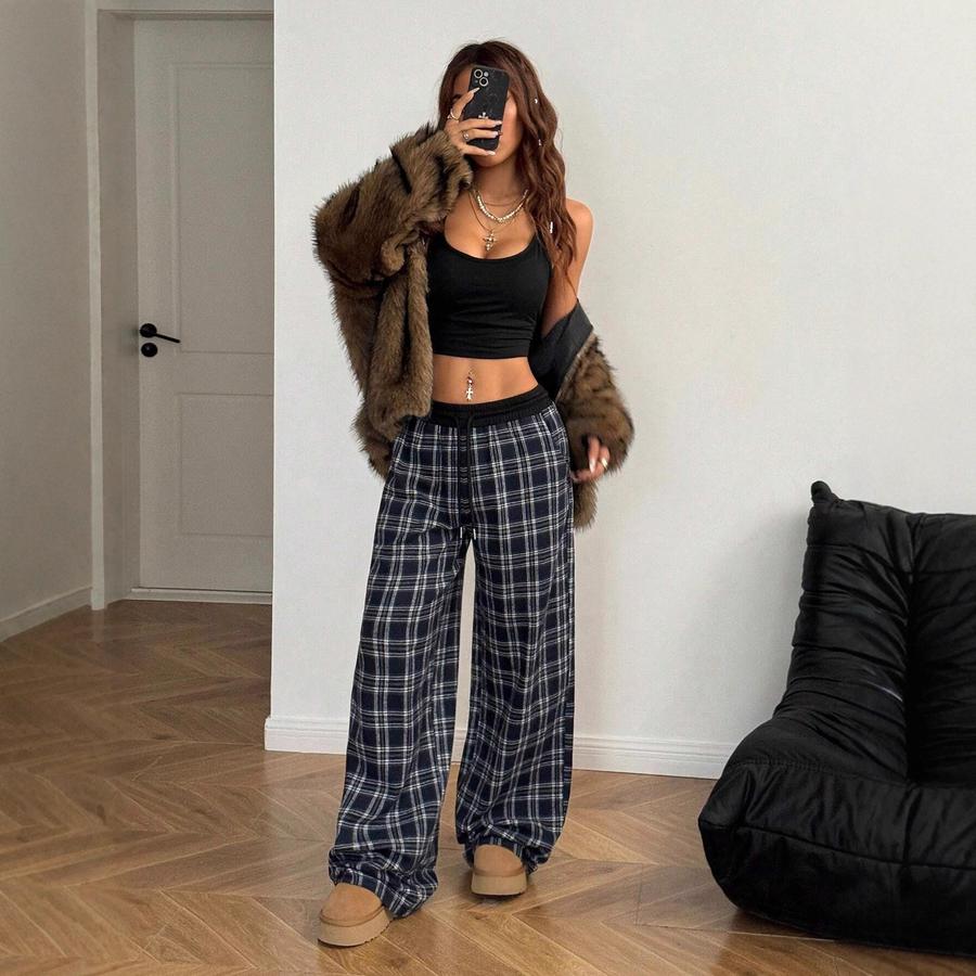 Loose Relaxed Fit Straight Cut Pinstripe Patchwork High Waist Draped Casual Athletic Pants