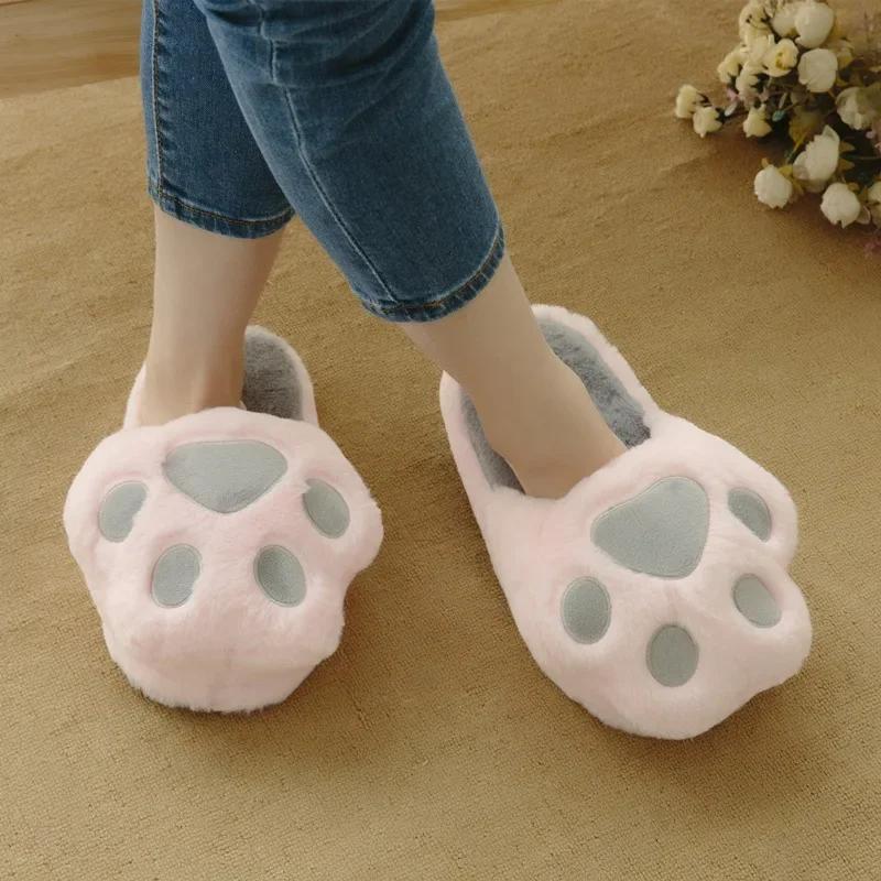 Fashion Women Kawaii Cat Claws Fluffy Fur Plush Slippers Women's Home Slippers Cute Cotton Non Slip Winter Shoes Women Christmas Gift