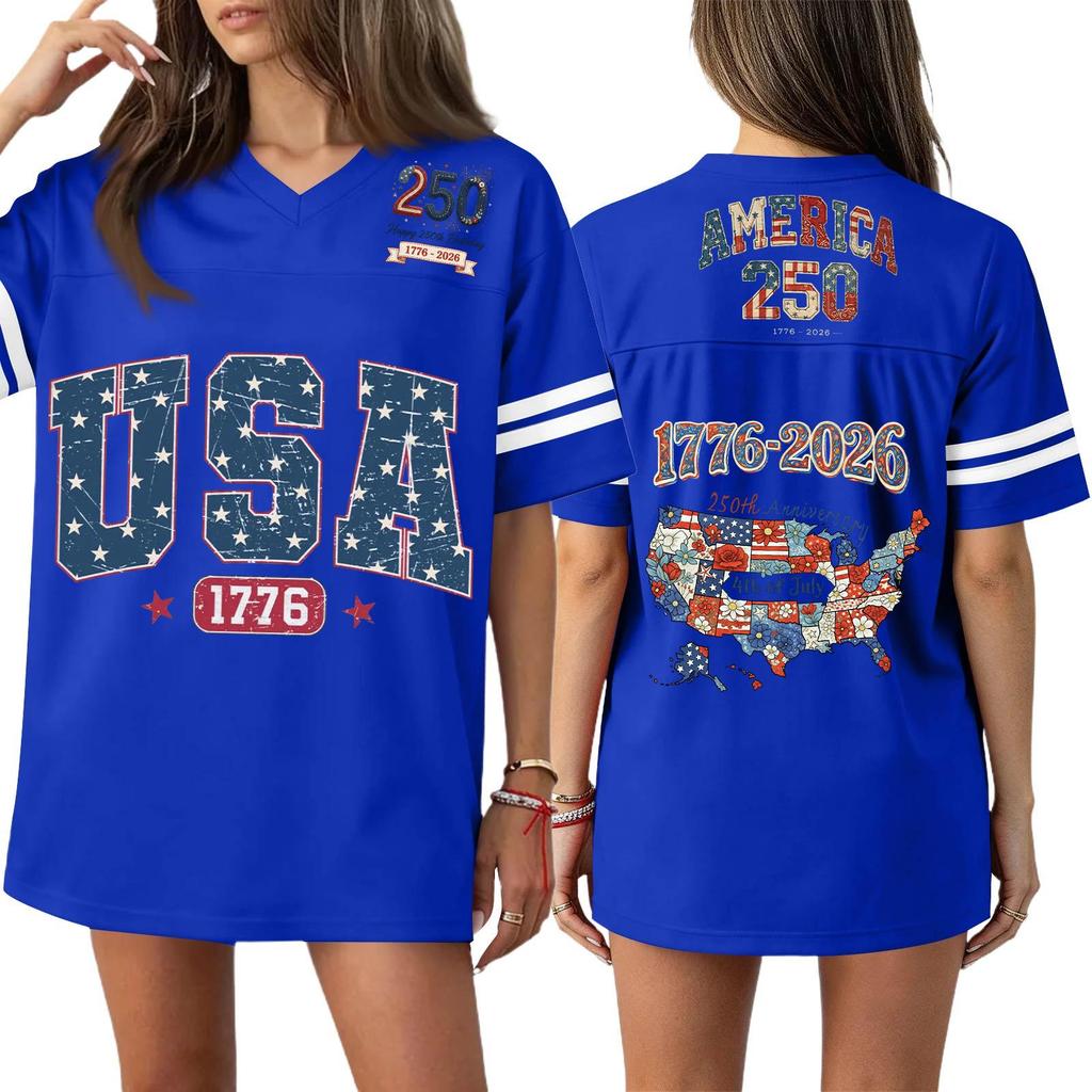 Damska Codzienna Modna Koszulka Sportowa z Dekoltem V z Nadrukiem na Dzień Niepodległości Krótkim Rękawem Top