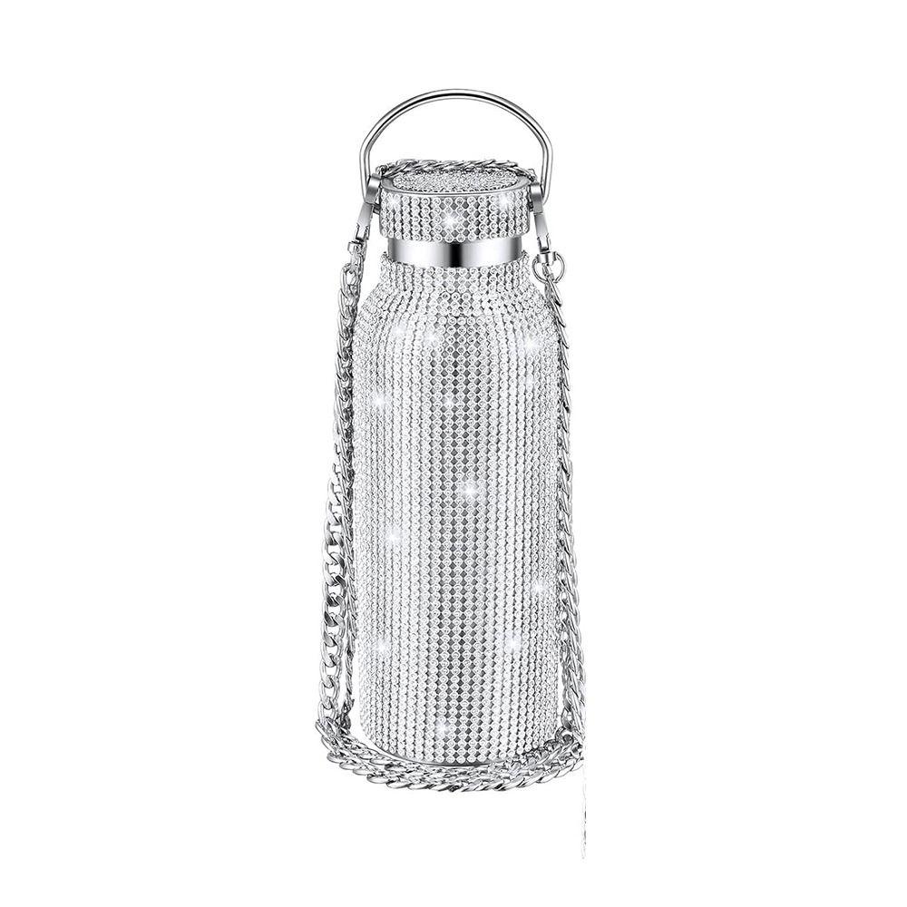 Thermal Rhinestone Water Bottle Stainless Steel Refillable Glitter Tumbler Removable Carrying Strap Chain Vacuum Flask Women