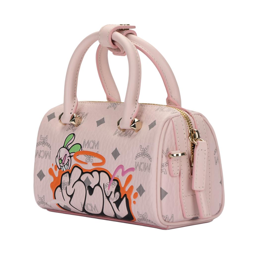 New MCM SAMBYPEN Collaboration Visetos Cow Leather Boston Bag, Shoulder Bag, Crossbody Bag Mini Women's Cherry Blossom Pink MWBBASP01QH001