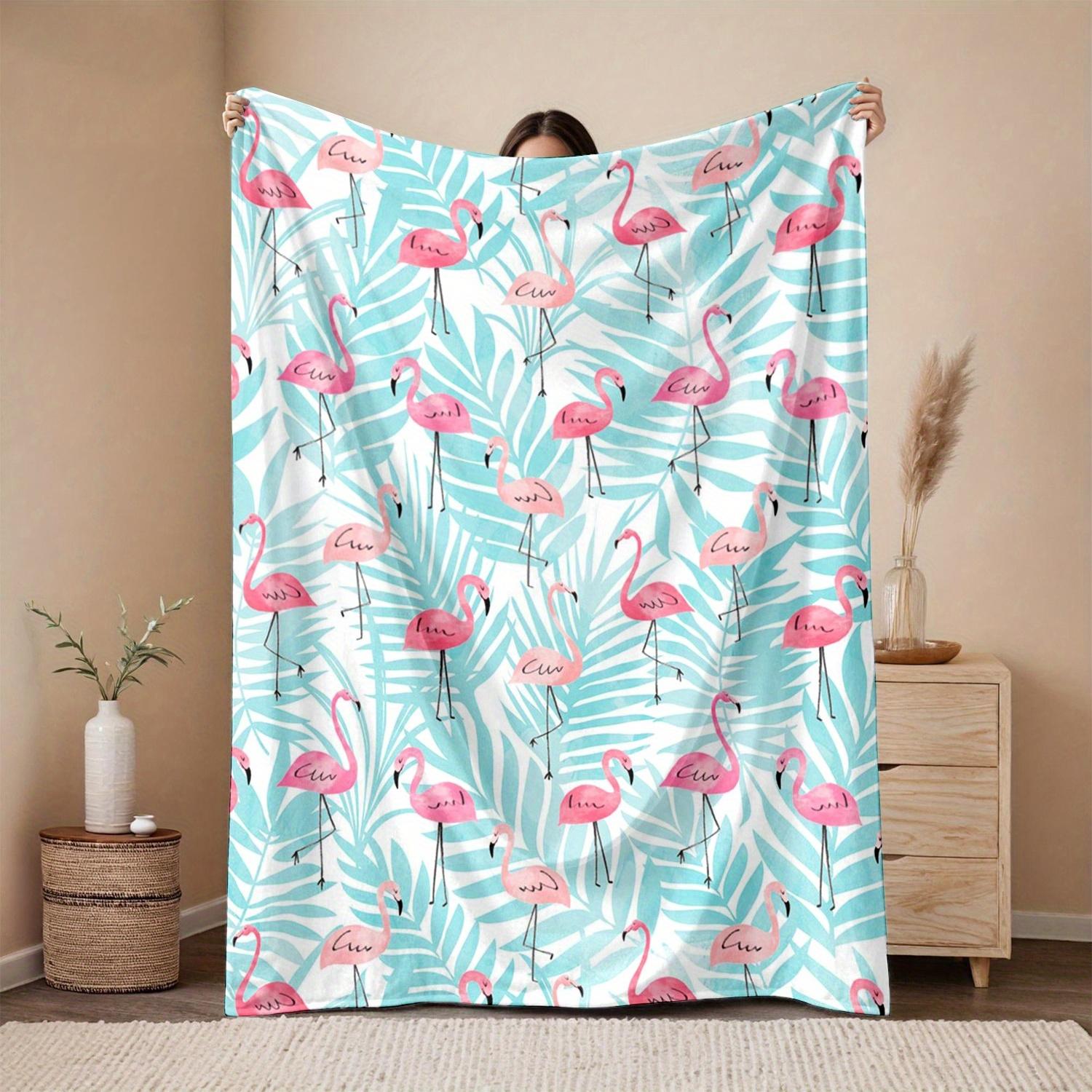1pc Tropical Flamingo & Palm Leaf Print Flannel Blanket - Soft Pink & Turquoise Blue All-Season Cozy Throw, Lightweight Bedsprea 75X95CM