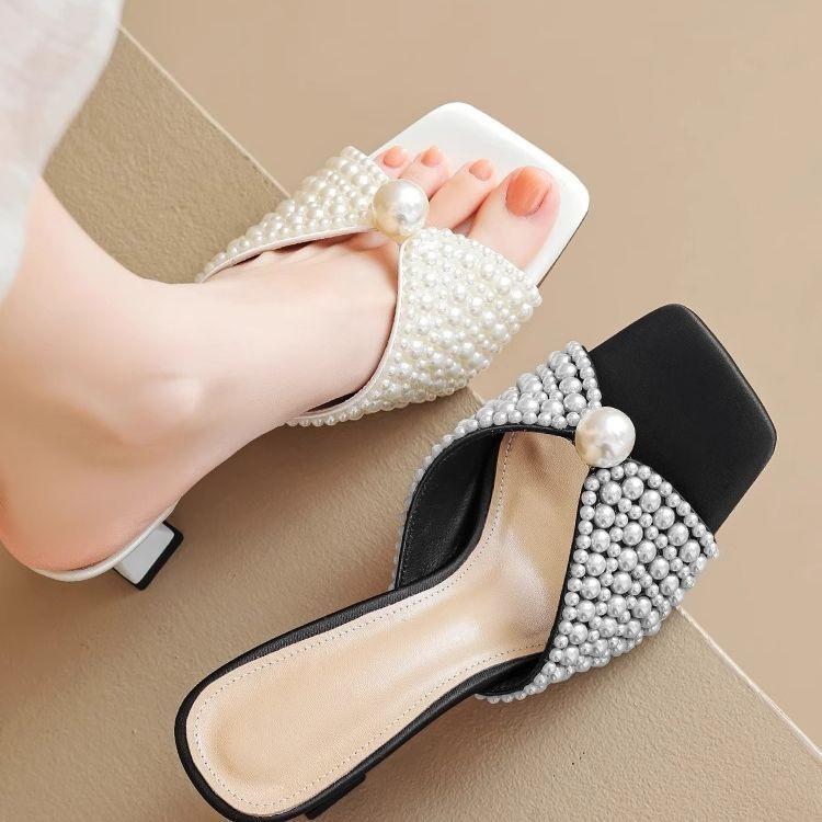 Fashion Half Slippers for Women's Outward Wear 2025 Summer New Fashion and Versatile Pearl Temperament Mid-stiletto Open-toe Cool Drag