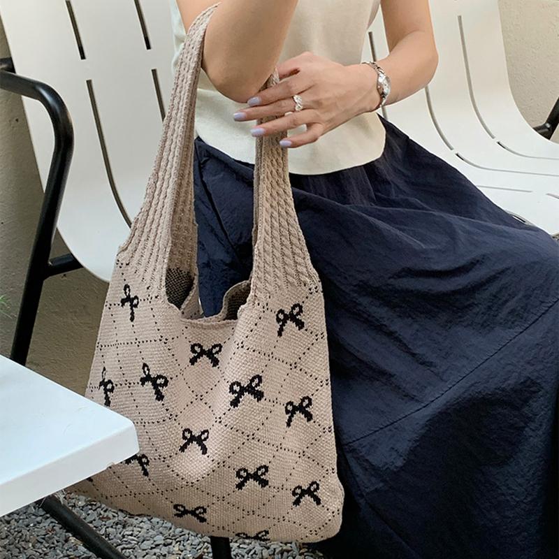 Women Knitting Shoulder Bag Large Capacity Crochet Grocery Bag Contrast Color Travel Shopping Handbag Ladies Daily Handbag