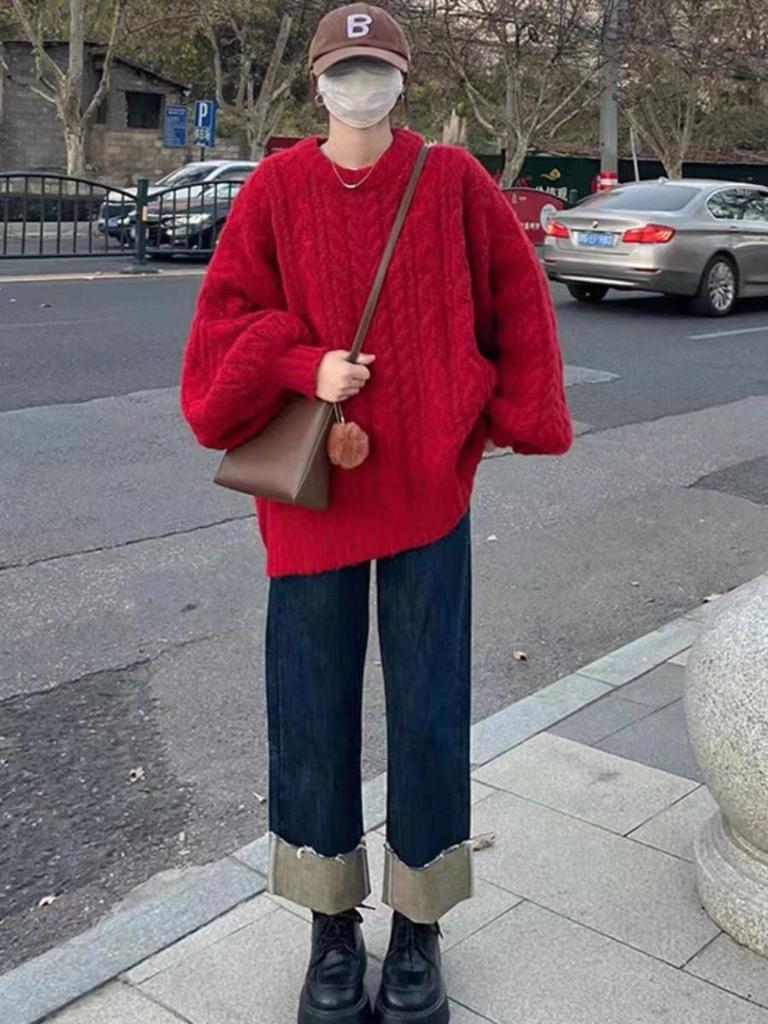 Red Twist Crew Neck Medium and Long Thickened Winter Lazy Wind Loose Top Plus Fat Large Size Knitted Sweater for Women