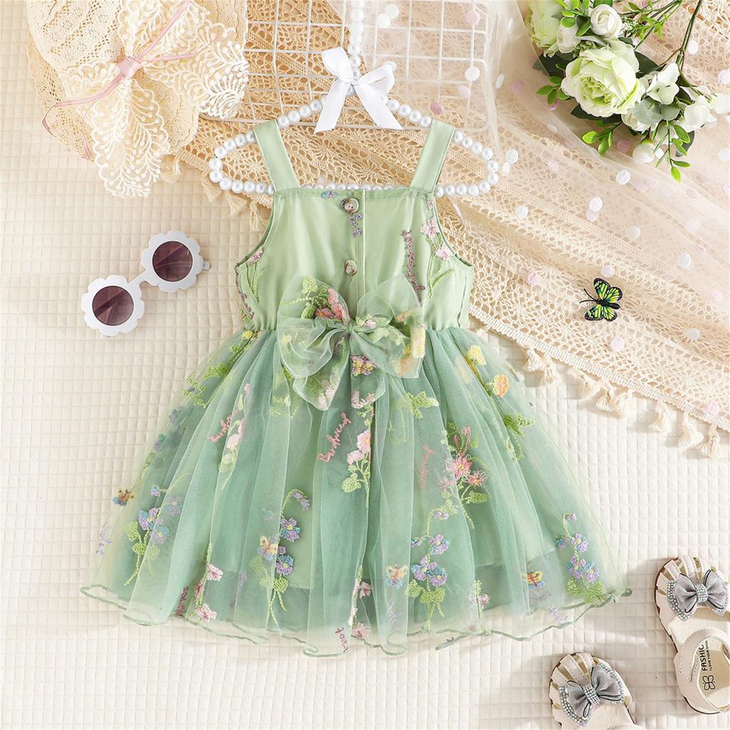Summer Children Mesh Suspenders Girls Fashion Bow Cute Dress