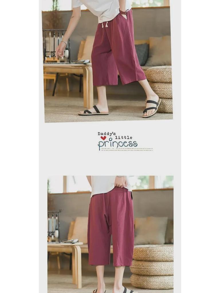 Men's Cropped Chinese Style Linen Shorts - Summer Wide-Leg 7-Point Casual Trousers