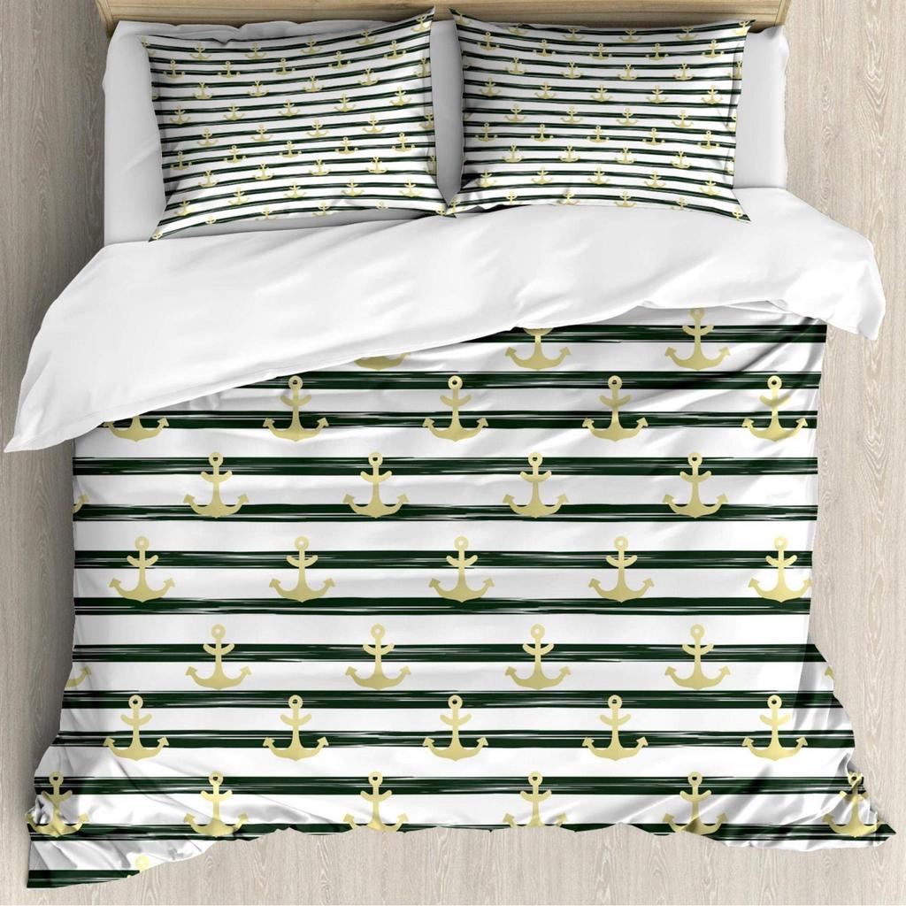 Nautical Anchor Striped Pattern Bedding Cover With Pillowcase Quilt Cover Three-Piece Duvet Cover Set