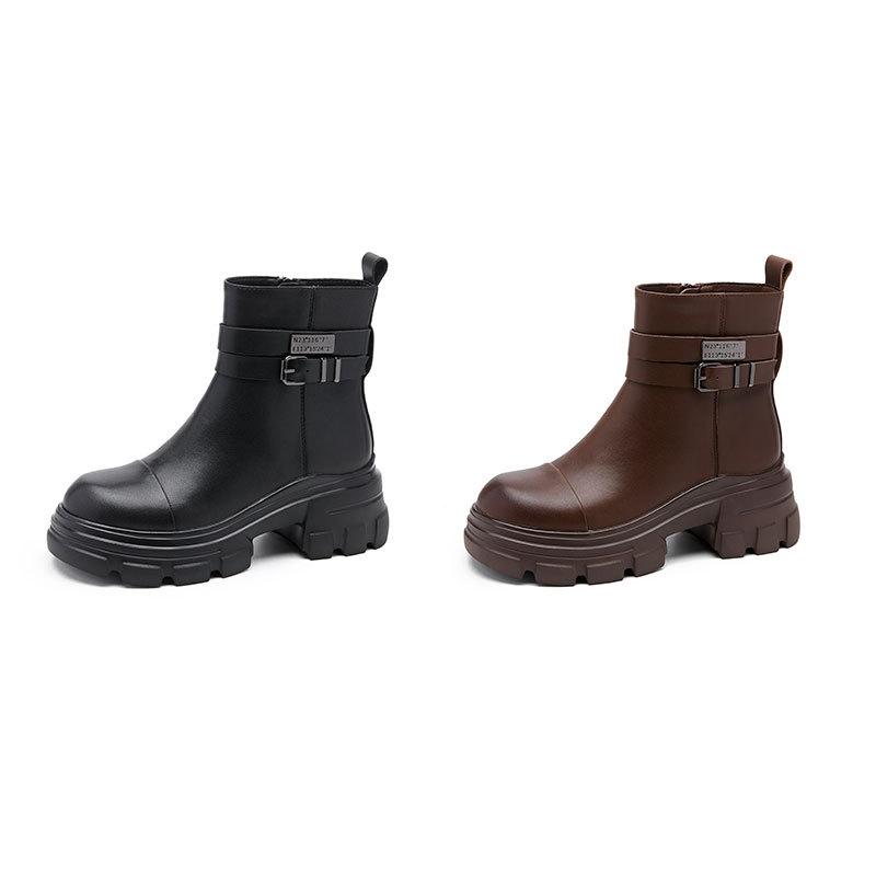 Round Heel Leather Martin Boots Women's Versatile British Skinny Boots Retro Platform Short Boots Fashion Chelsea Boots