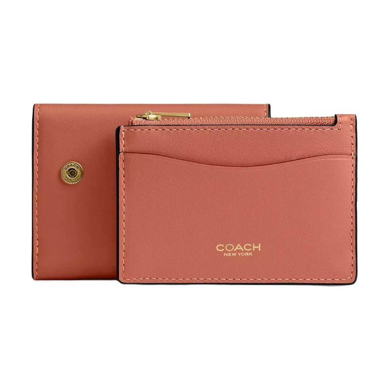 Coach Essential 10 Three-dimensional Letter Engraved Metal Accessories Calfskin Wallet Women's Dark Peach Deep Peach Color