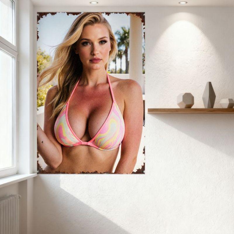 Vintage Tropical Resort Blonde Woman Tin Sign, Sunburned Chest & Shoulders, Pink Bikini with Pastel Swirls, Palm Trees, Clear Sk