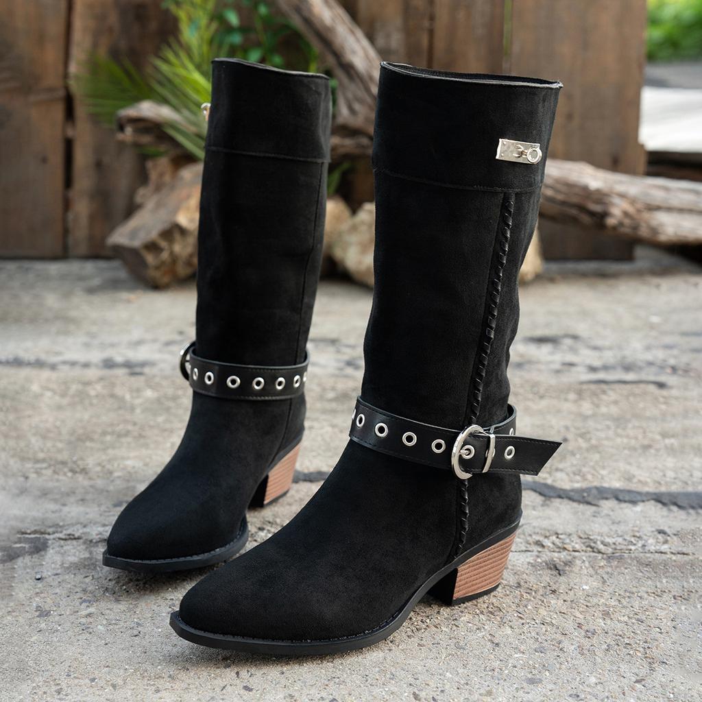 Winter new sleeve suede belt buckle northwest wind two wear pile boots retro pointed knight boots travel