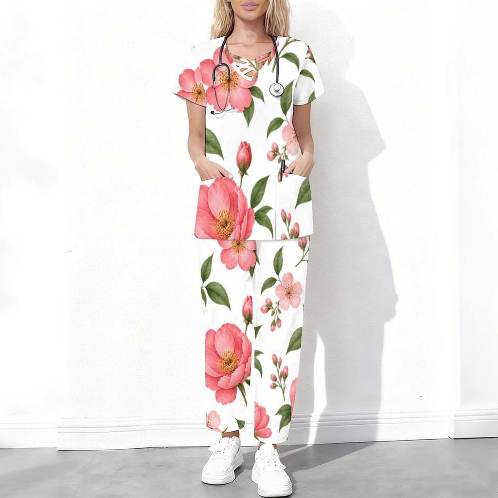 Women Plus Size Floral Printed Scrub Set Cutout Neck Short Sleeve Pocket Top Long Pants Two Piece