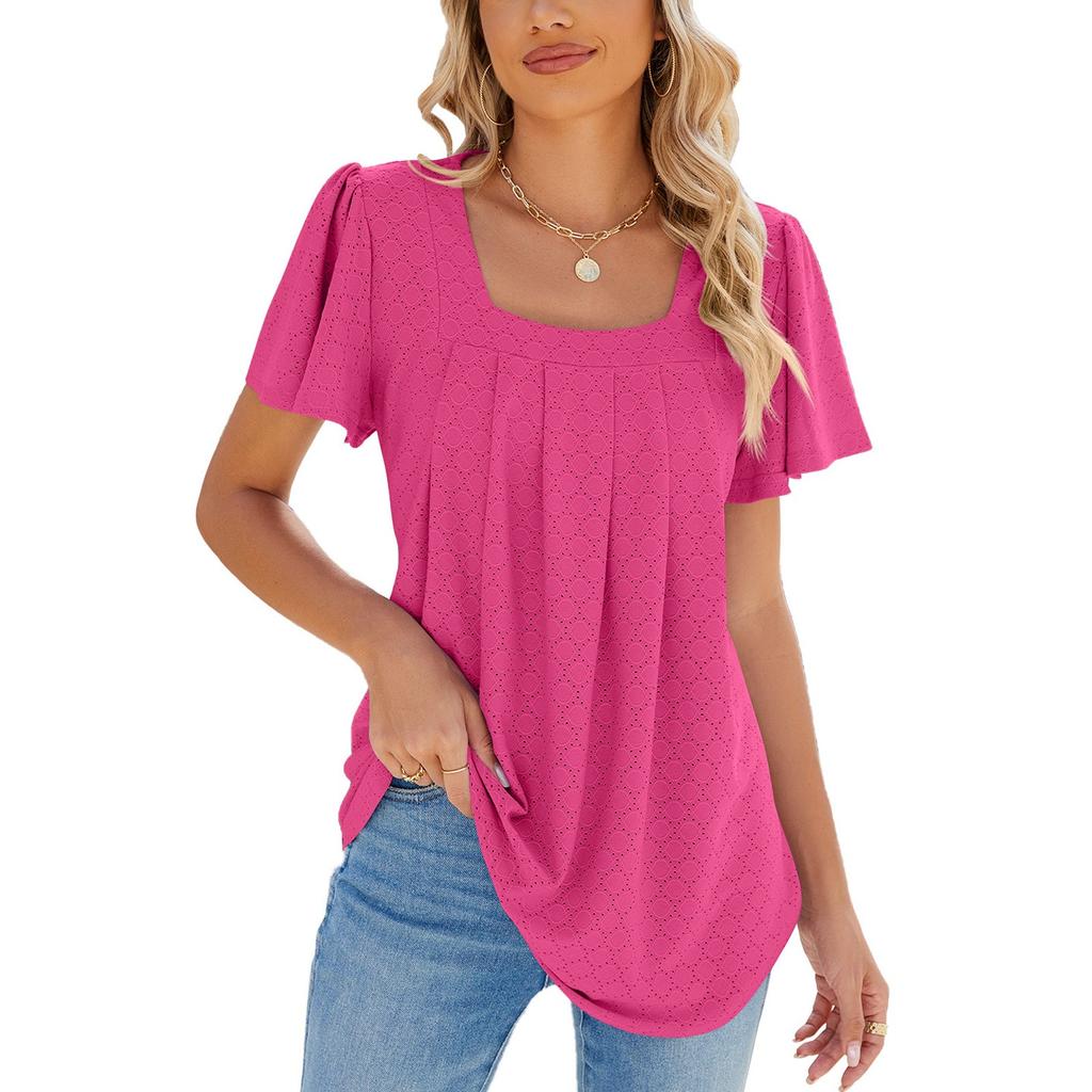 Women's Fashion Solid Color Square Neck Pleated Short Sleeved Loose T-shirt Top