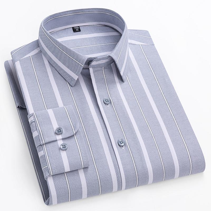 Men's Shirt Long Sleeve 100% Pure Cotton Oxford Dress Shirts Striped Regular Fit Casual Soft Male Blouse Clothing 11XL 10XL 9XL