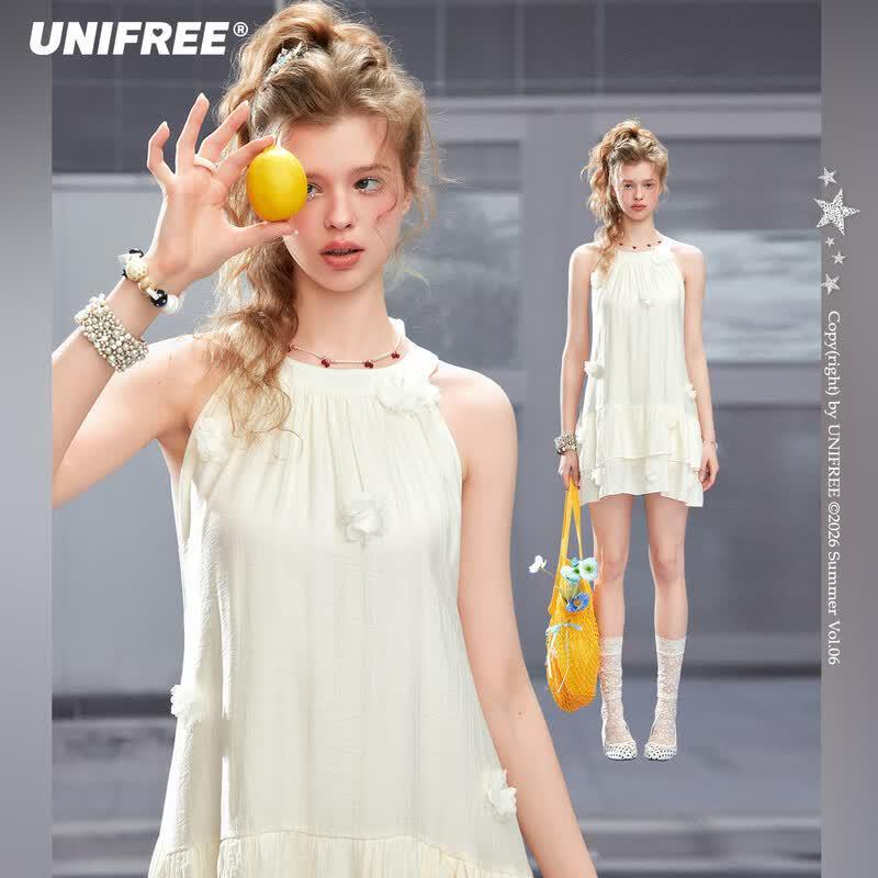 UNIFREE French Allure 3D Floral Halter Mini Dress One Size