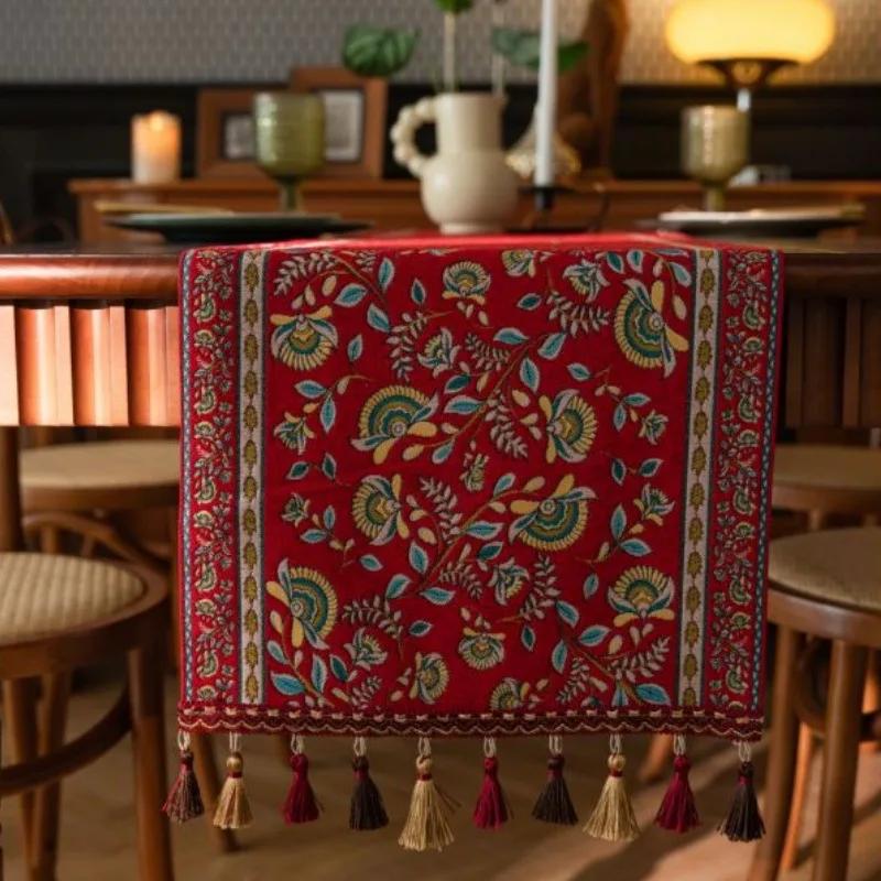 

Retro Jacquard Table Runner with Tassels Sunflower Embroidery Table Setting Ethnic Style Dining Kitchen Decoration Table Runners 35x140CM