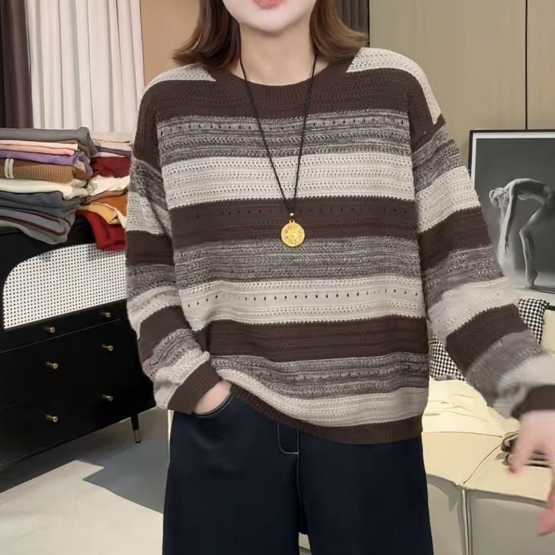 Round Neck Striped Sweater Women's Long-sleeved Autumn Clothing New Style Fashionable Loose Lazy Style Top Retro Pullover
