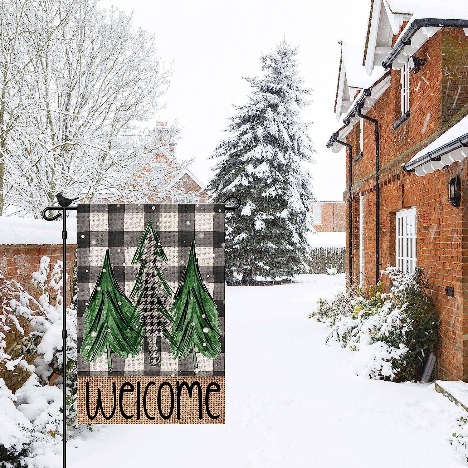 

Christmas Garden Flag 12x18 Inch Double Sided Burlap for Outside Snowflakes Xmas Trees Welcome Small Holiday Yard Decoration