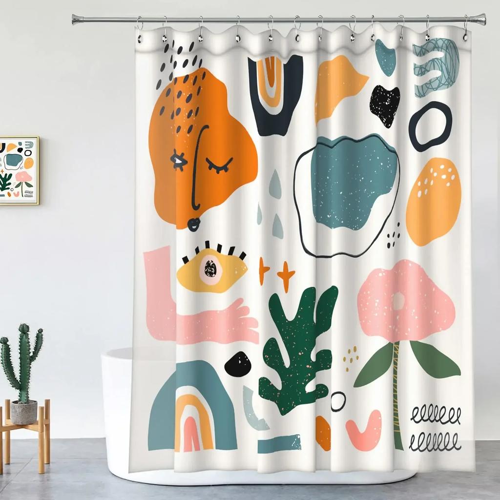 Retro Shower Curtain, 60S 70S Vintage Waterproof Polyester Fabric Bath Curtain Sets, Smile Face Pink Aesthetic Bathroom Curtains