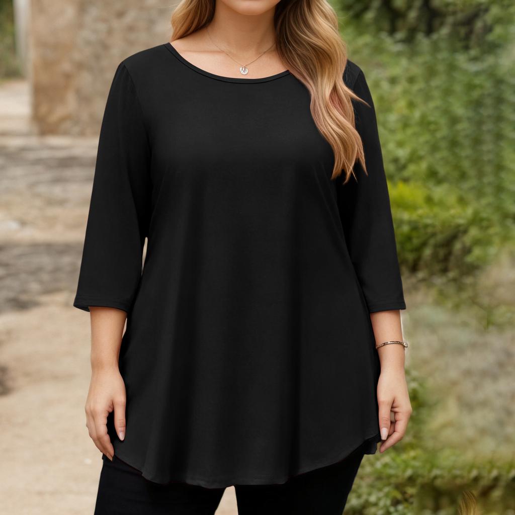 Women’s Plus Size 3/4 Sleeve Tunic Top Loose Fit Round Neck Casual Basic Blouse Soft Lightweight Fabric Comfortable Design
