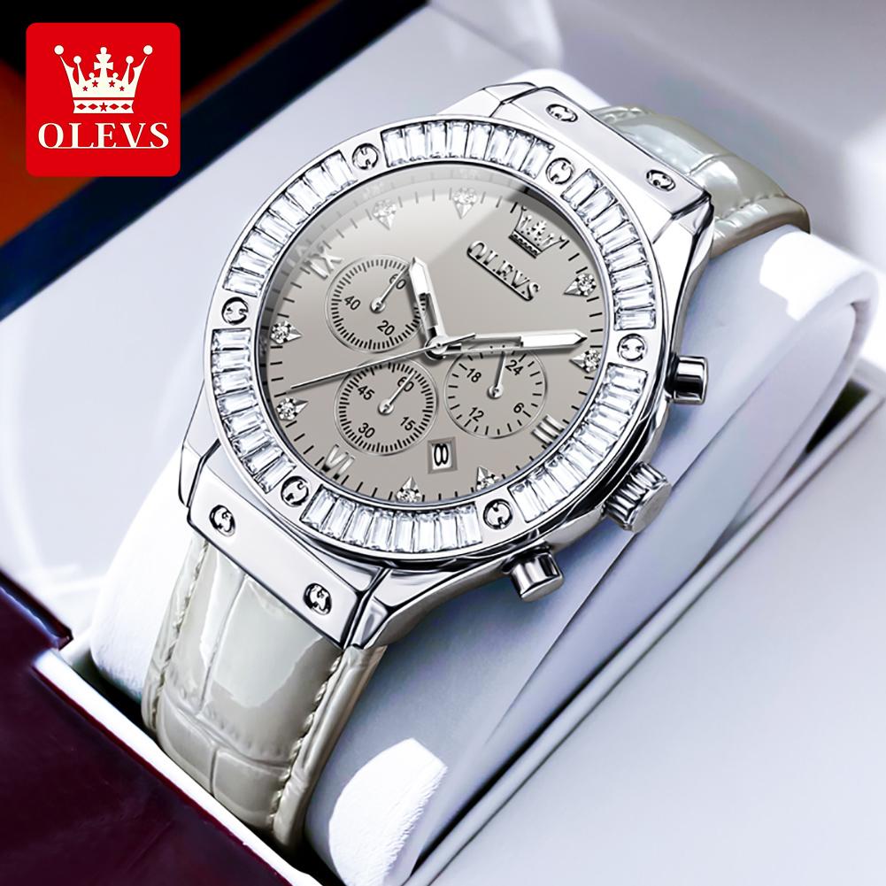OLEVS 9978 Original Quarz Damenuhr Mode Lederarmband Luxus Diamantlünette Wasserdicht Leuchtend Chronograph Damenuhr