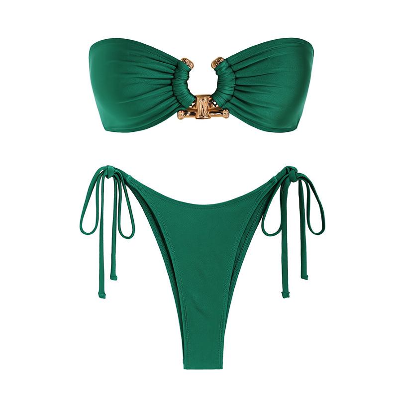 2024 Europäisches und amerikanisches sexy Bikini-Set aus glänzendem Stoff mit Tube-Top