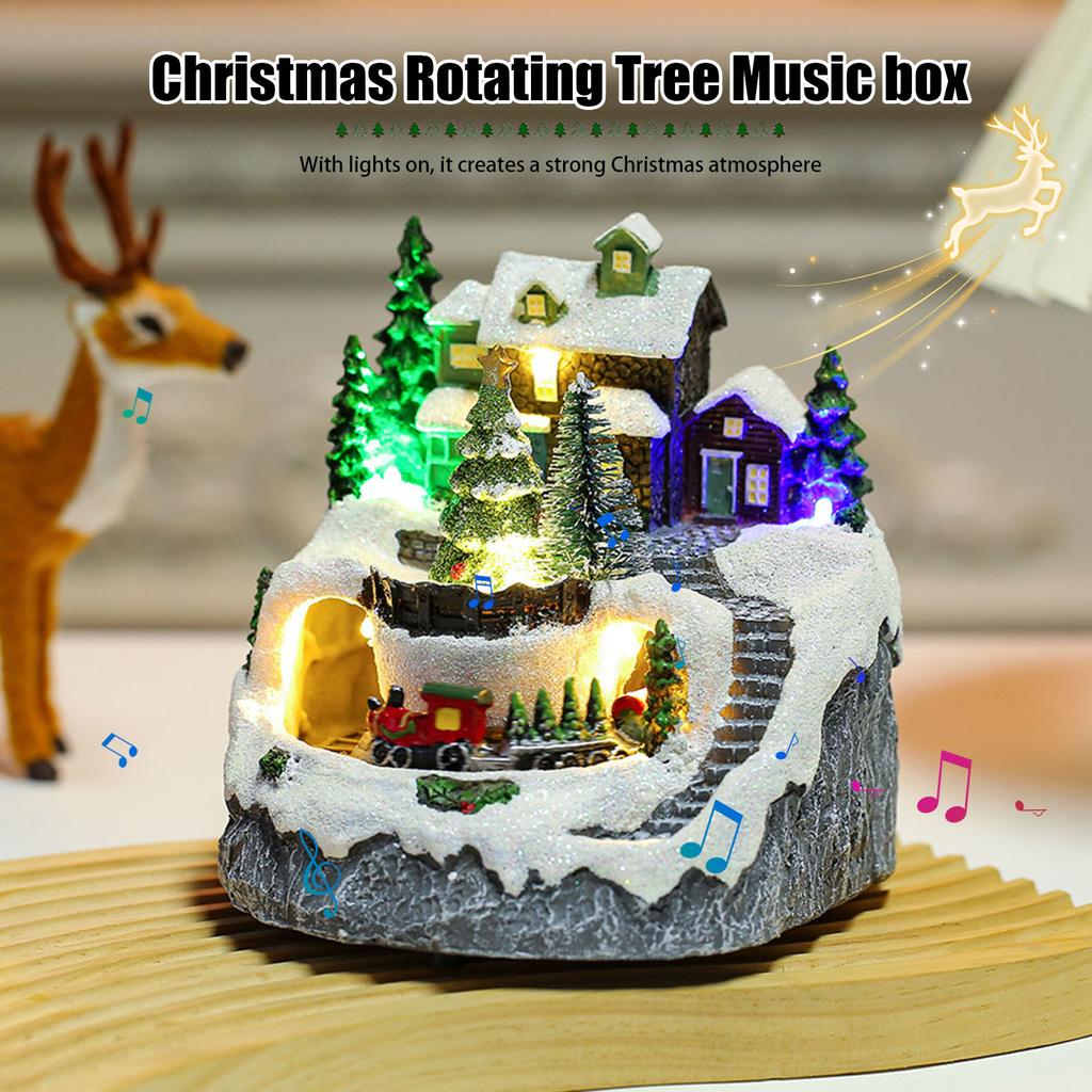 Resin Garden Ornament Music LED Light Collectible Figurines Village Rotating Statue for Christmas Home Decor Gift