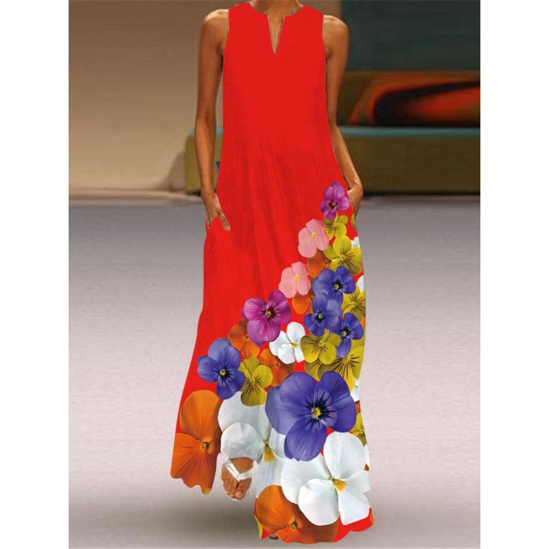 Bright Red Dress Women 2025 V-neck Sleeveless Pocket Long Dress Seaside Travel Photography Sleeveless Temperament Beach Skirt