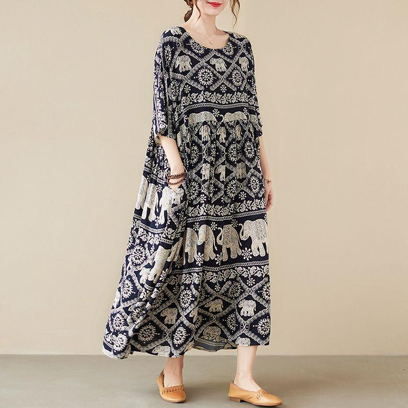 Plus Size Long Sleeve Loose Long Dress Women Striped Floral Animal Print Ladies Oversized Dresses Pleated Woman Dress