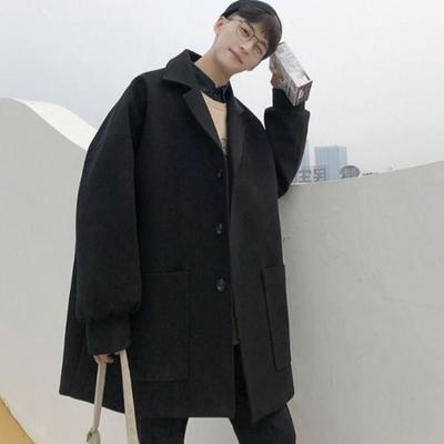 Men Windbreaker Lapel Long Sleeve Mid-length Jacket Solid Color Loose Fit Big