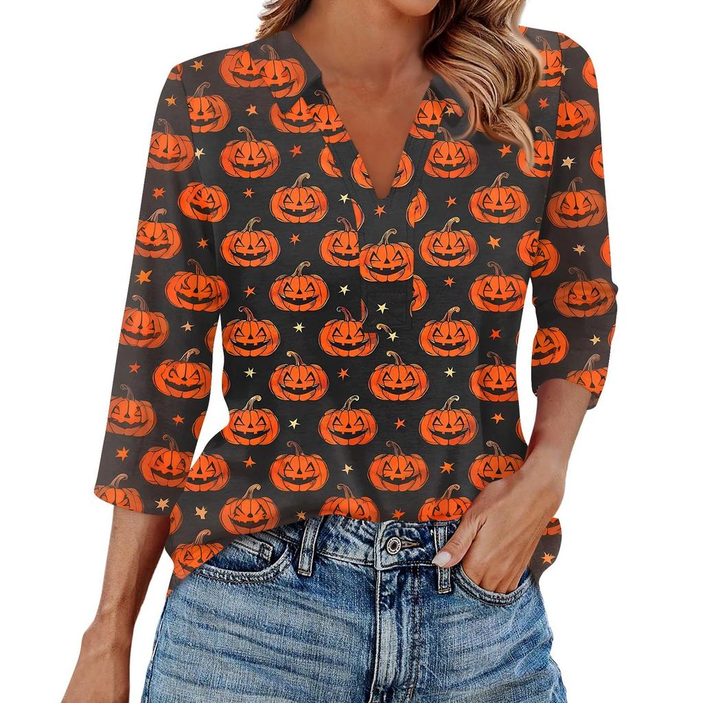 Damenmode Lässig Revers 3/4 Ärmel Halloween Print Hemd Damen V-Ausschnitt Oberteile
