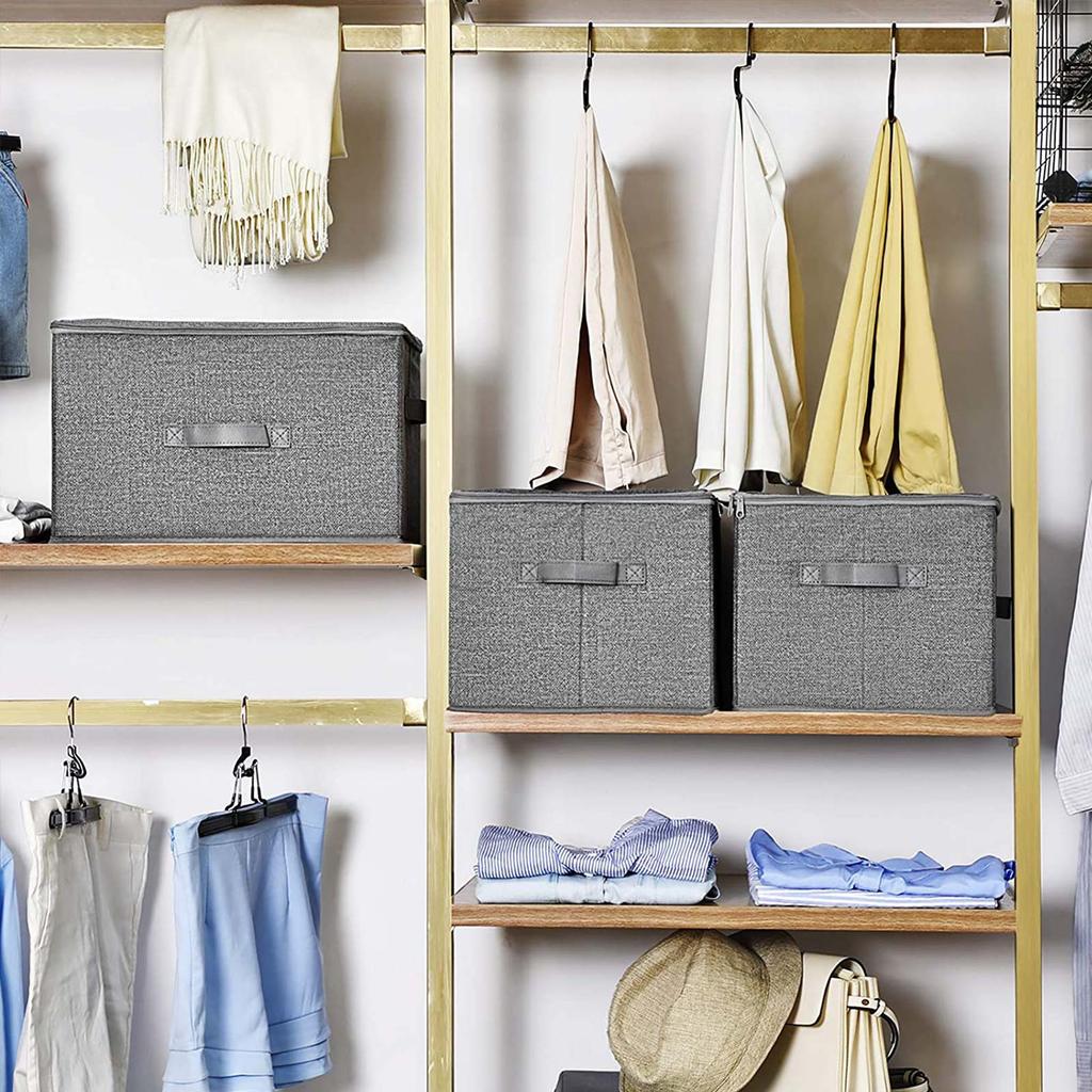 SONGMICS Storage Boxes with Lids, Foldable Storage Basket Bins with Handles, Clothes Toys Organiser, Grey
