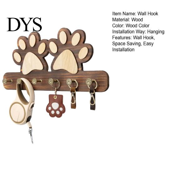 Wall Hook with Dog Paw Shape Key Holder Wood Anti-Rust Wall-mounted Metal Hooks Organizer for Keys Pet Leashes Scarves Small Items Rack