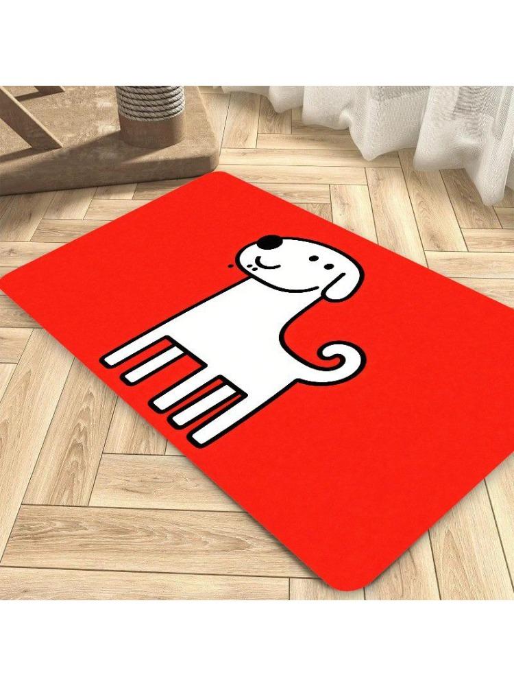 Cute White Dog Door Mat, Simple Cartoon Animal Rug, Red Non-Slip Floor Mat for Entryway, Modern Home Decor