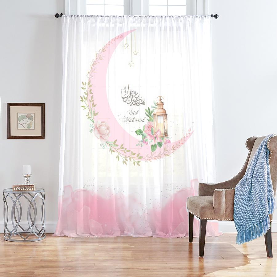 

1PCS Pink Star Moon Lantern Curtain Islamic Festival Style Eid al Fitr Living Room and Bedroom Transparent Curtain 100*130 HOOK 1pcs